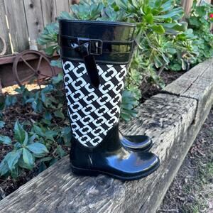 DVF Diane Von Furstenberg Black White Whitney Rubber Rain Boots Women's Size 6